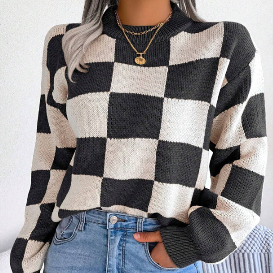 Dames Pull en tricot à motif écossais avec col rond à la mode Chic und Stil