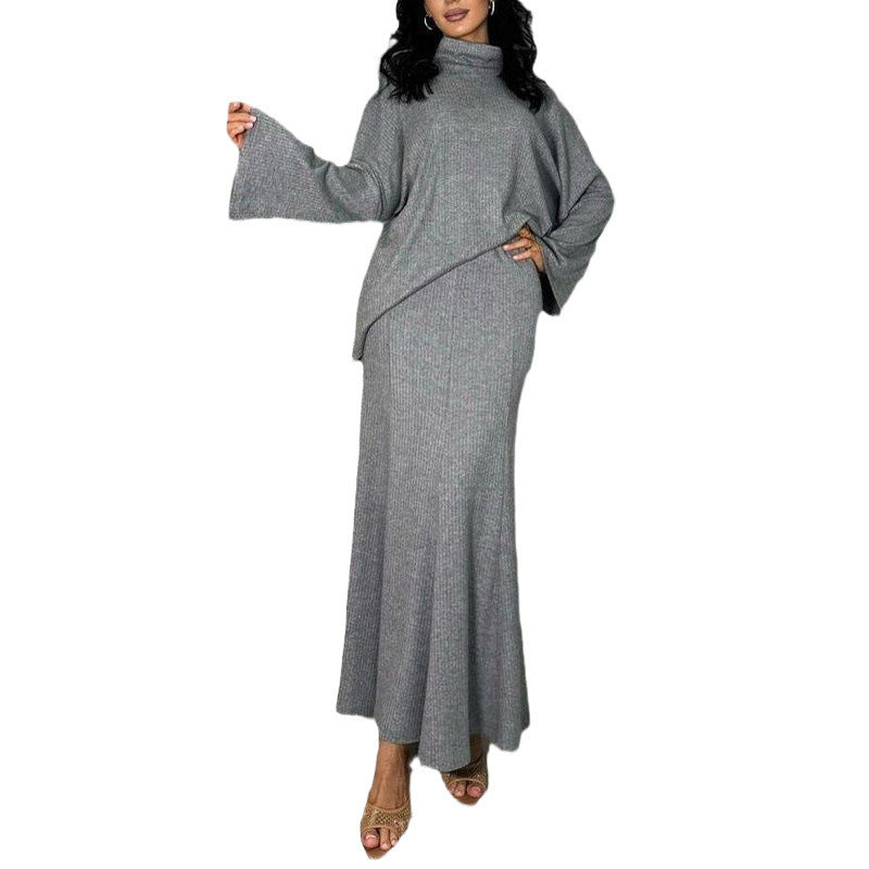 Dames Élégante Robe Maxi avec Col Roulé et Manches Ample Chic und Stil