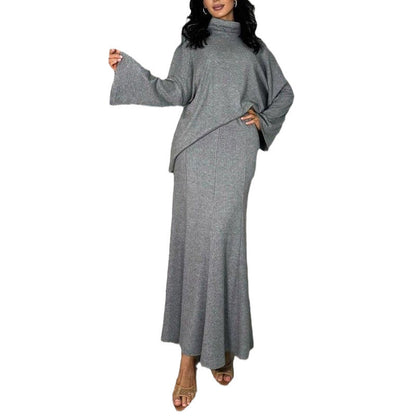 Dames Élégante Robe Maxi avec Col Roulé et Manches Ample Chic und Stil