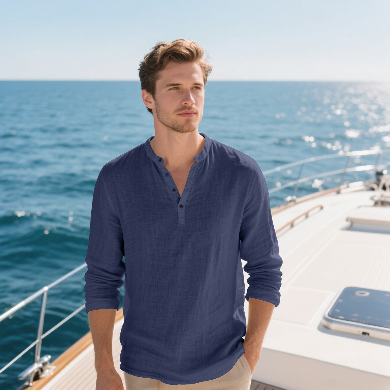 Chemise élégante pour hommes à manches longues avec col montant à la mode et surface texturée Chic und Stil