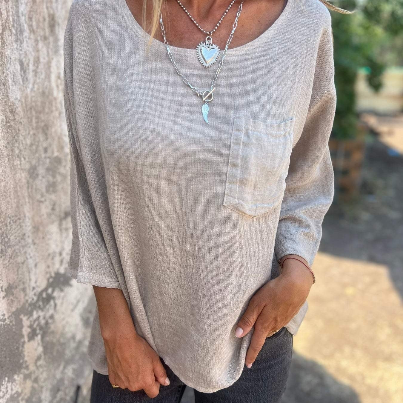 Dames haut en lin décontracté avec coupe ample et poche poitrine Chic und Stil