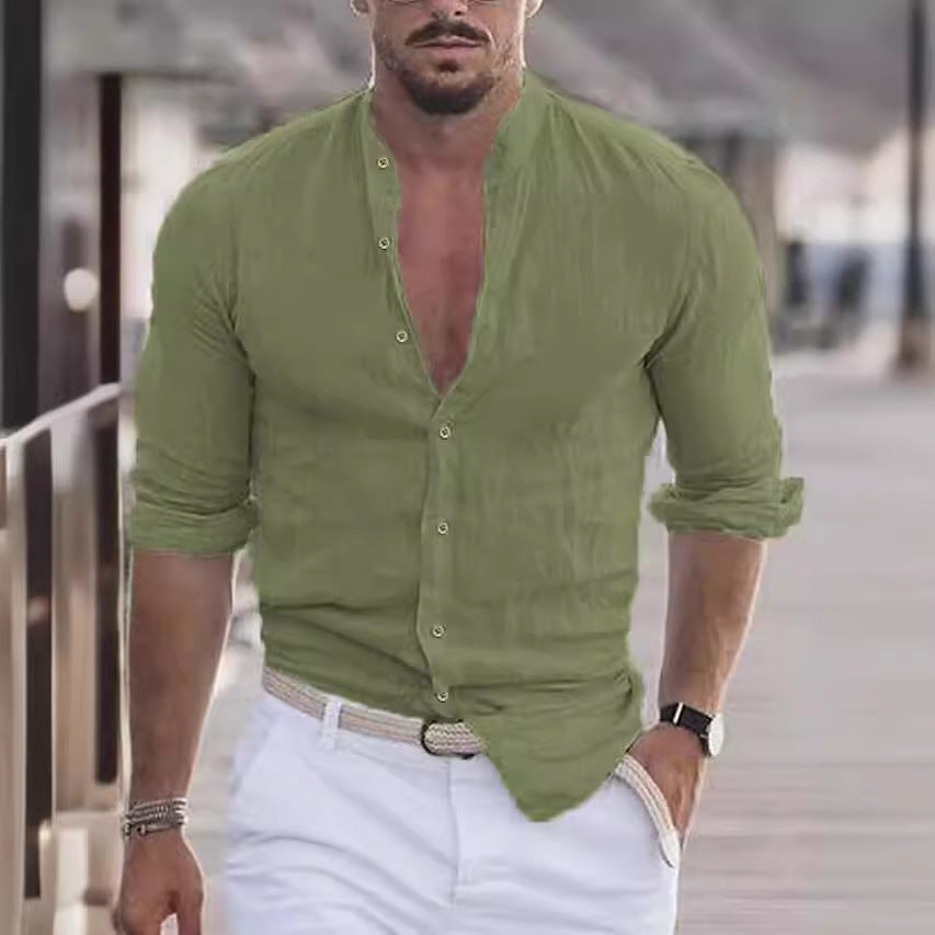Chemise en lin décontractée pour hommes avec col montant moderne et manches roulables Chic und Stil