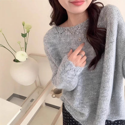 Dames Pull en maille duveteux avec accents brillants et coupe décontractée Chic und Stil
