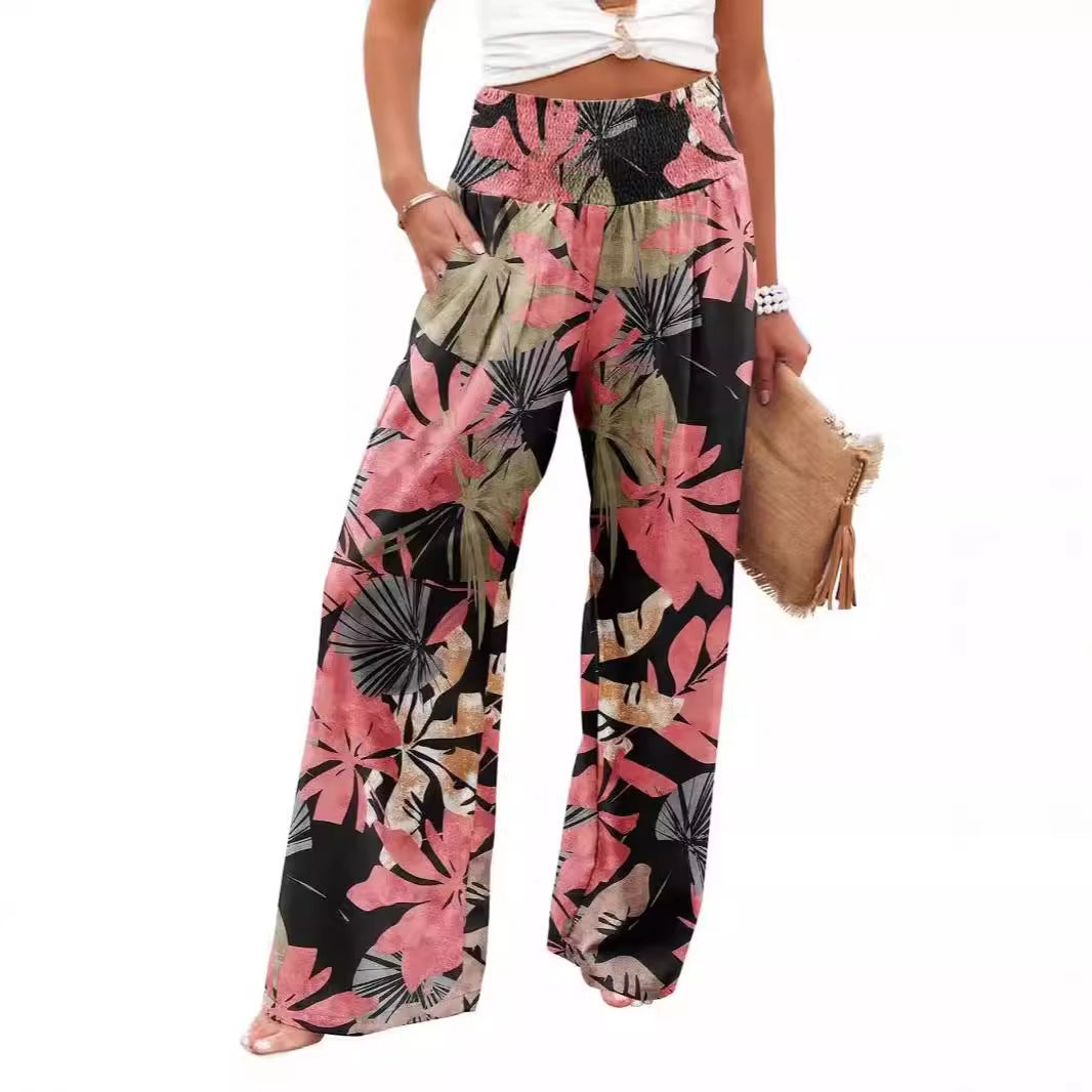 Chic and Style Women's Palazzo Pants with Elastic Waist and Floral Pattern