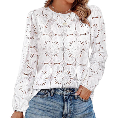 Blouse en dentelle pour femmes avec des détails floraux et des manches bouffantes élégantes Chic und Stil