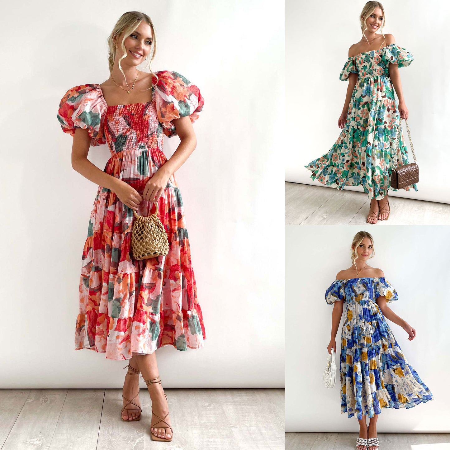 Dames Floral Puff Manche Midi Robe Chic und Stil