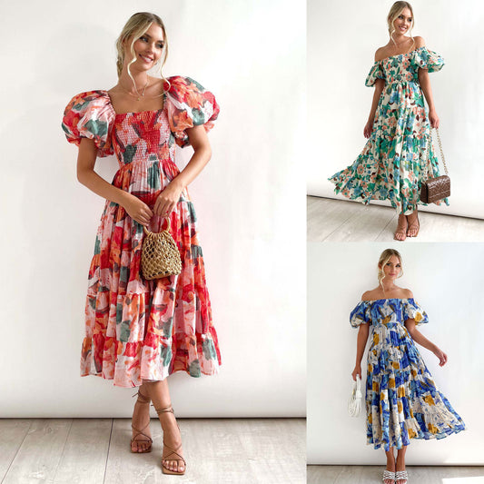 Dames Floral Puff Manche Midi Robe Chic und Stil