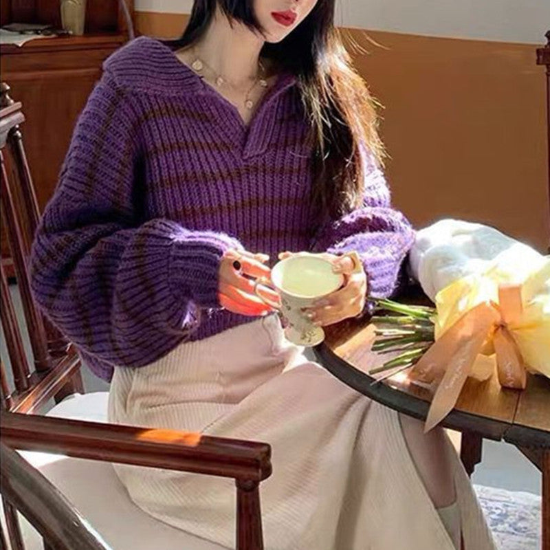 Pull en tricot pour femmes avec col décontracté et rayures attrayantes Chic und Stil