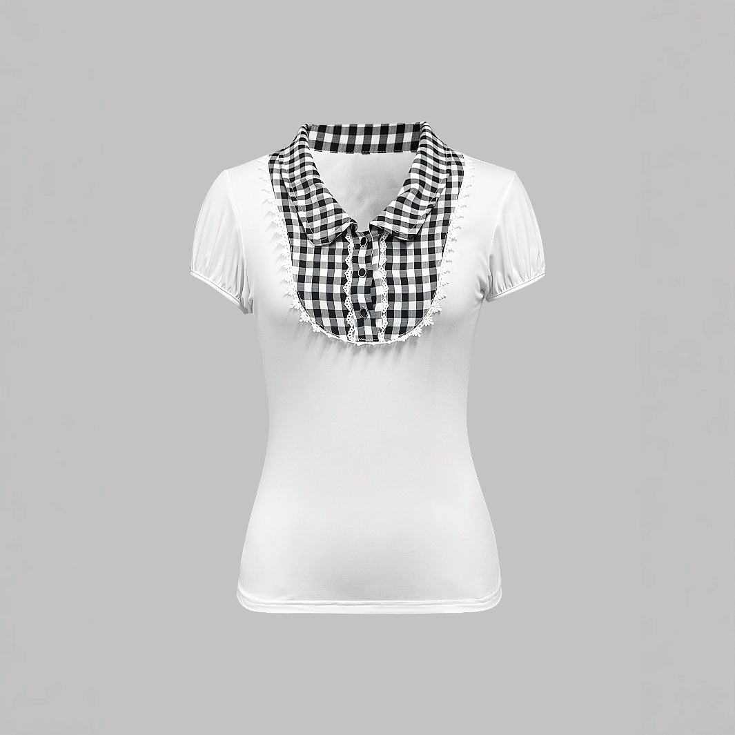 Dame Casual haut avec un col à carreaux frappant et de délicates détails en volants Chic und Stil