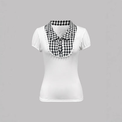 Dame Casual haut avec un col à carreaux frappant et de délicates détails en volants Chic und Stil