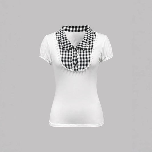 Dame Casual haut avec un col à carreaux frappant et de délicates détails en volants Chic und Stil