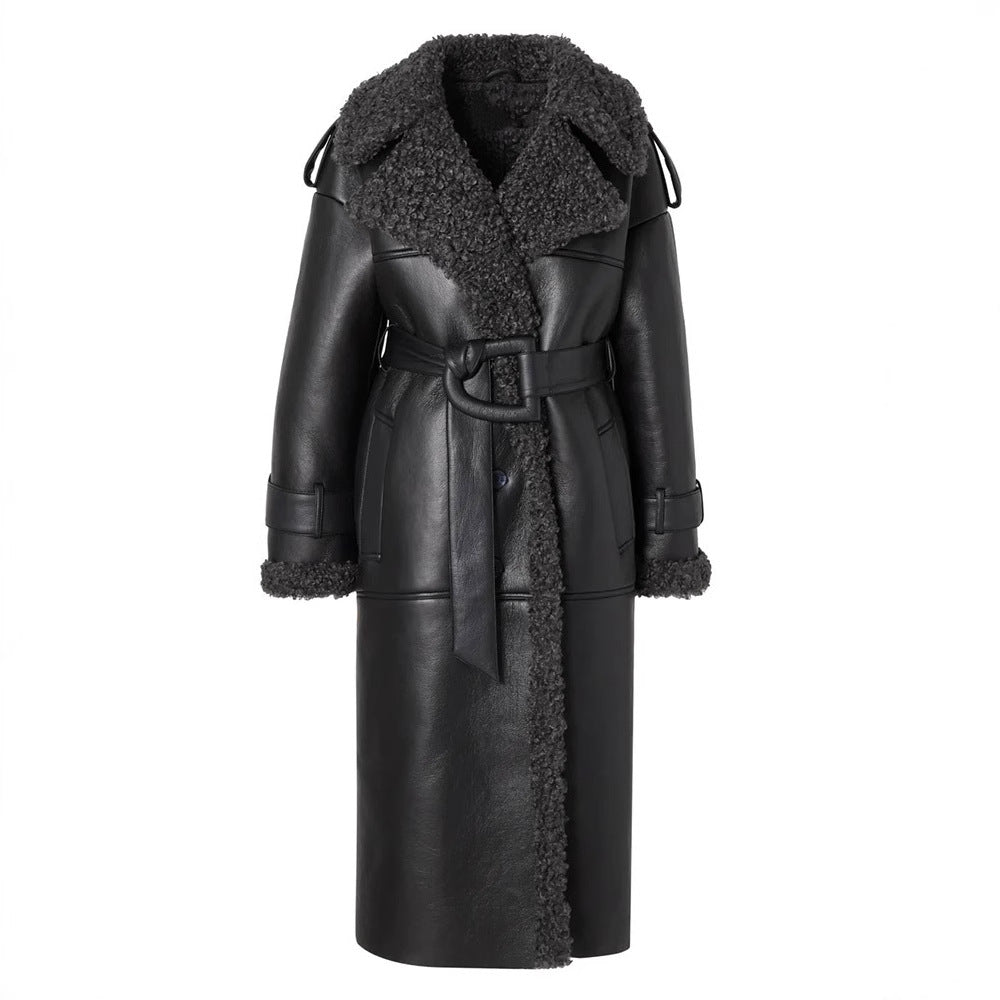 Synthetic leather coat for women with known collar and belt Chic und Stil