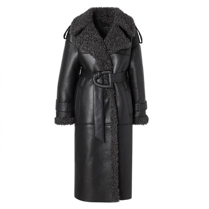 Synthetic leather coat for women with known collar and belt Chic und Stil