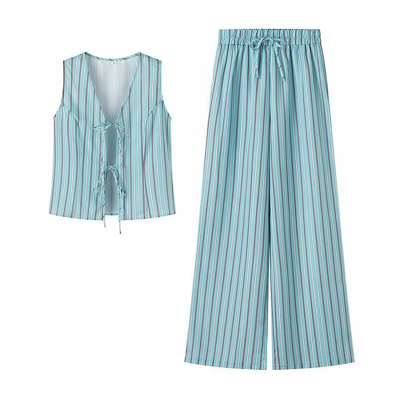 Wide striped pants for women with elastic waistband and tie belt Chic and Style