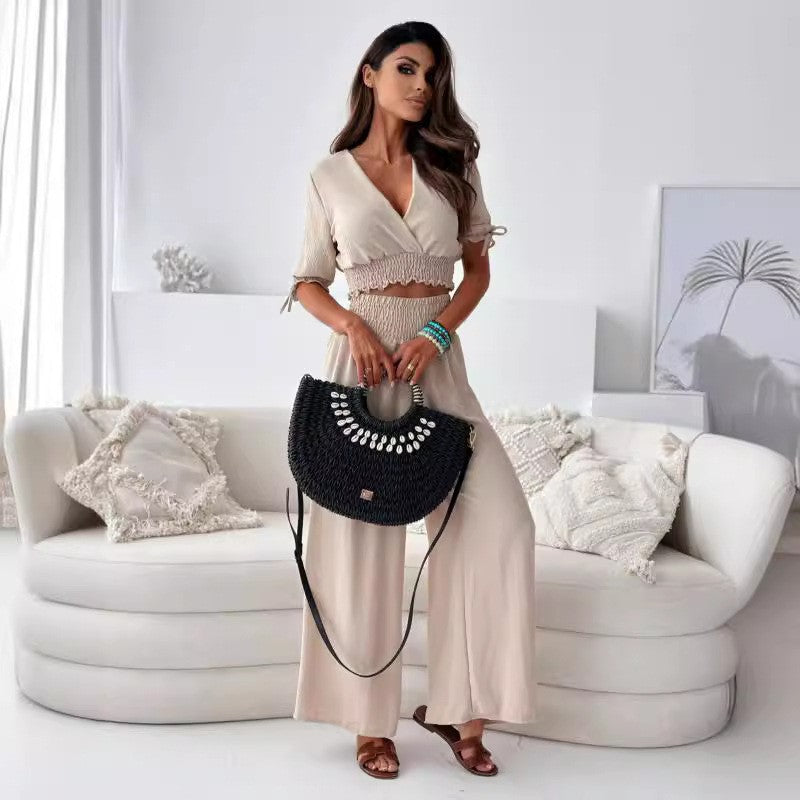 Dames Crop Smocked Top avec pantalon large Chic und Stil