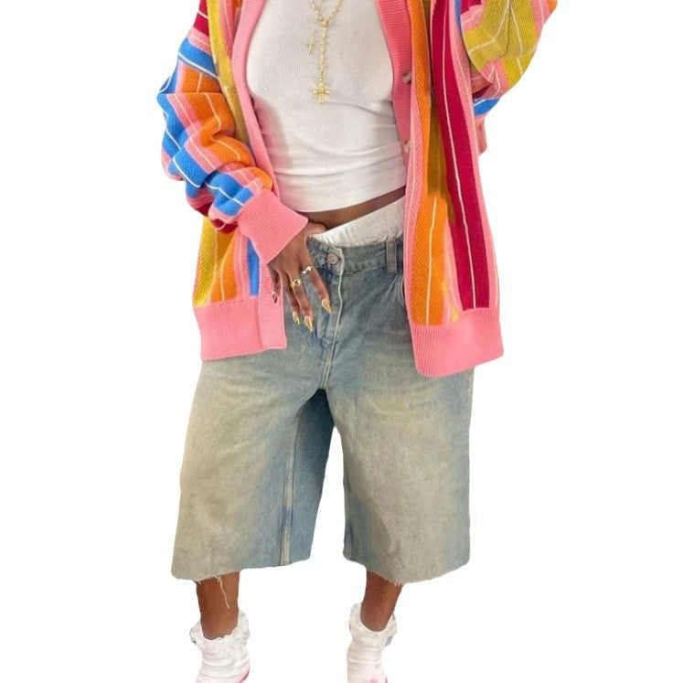 Dames Cardigan en tricot décontracté avec motif rayé coloré et manches oversized Chic und Stil