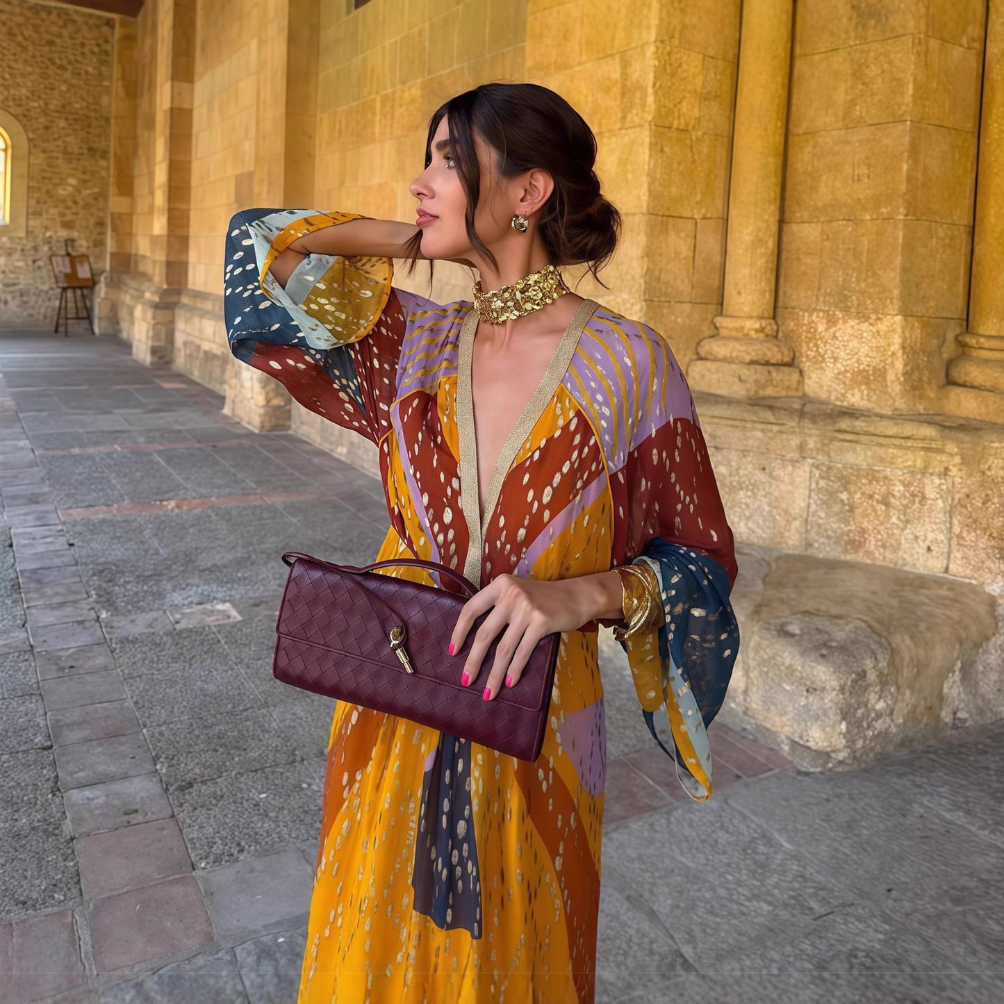 Robe maxi pour femmes avec imprimé coloré et manches longues modernes Chic und Stil