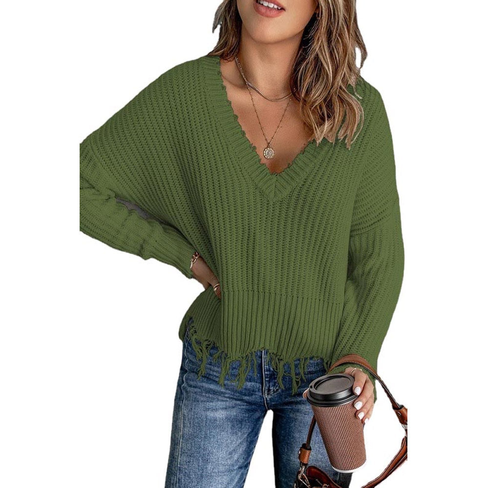 Femme Pull en tricot décontracté avec décolleté en V et ourlet à franges Chic und Stil
