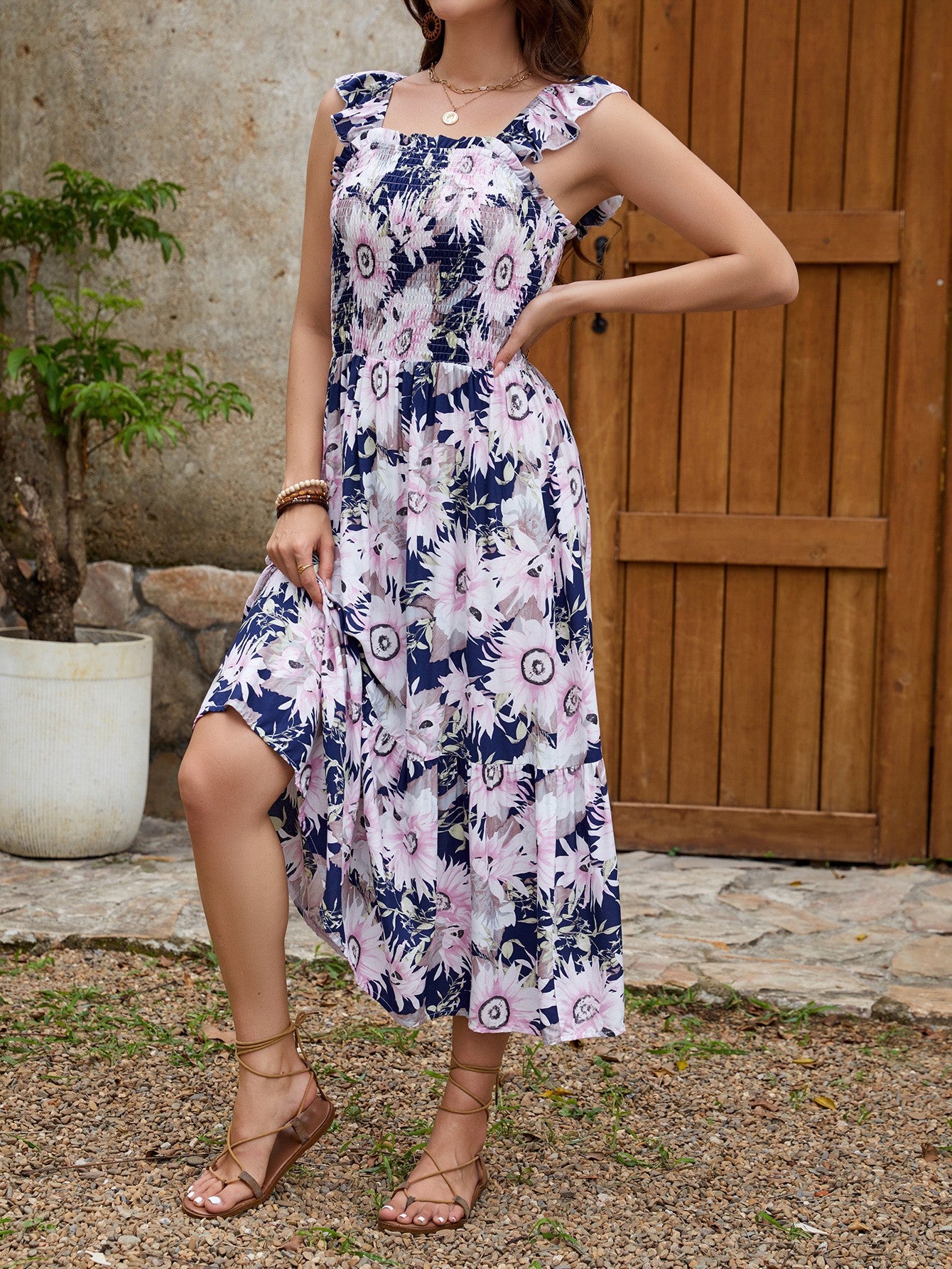 Dames Fleurs Ruffle Maxi Robe Chic und Stil