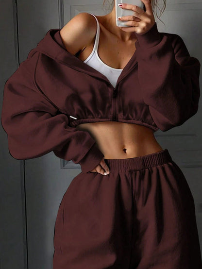 Femme ensemble en polaire décontracté avec pull court et pantalon large Chic und Stil