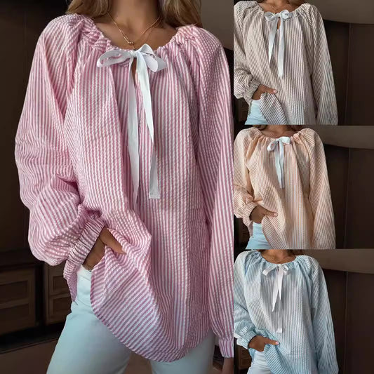 Blouse dames avec décolleté élastique et lien en nœud Chic und Stil