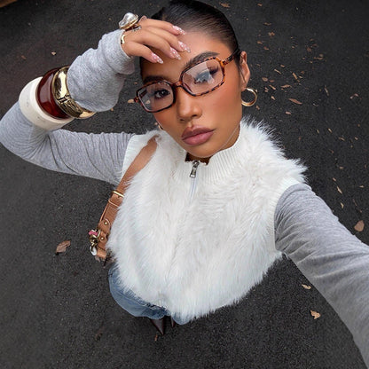 Dames gilet en tricot douillet avec fausse fourrure luxueuse Chic und Stil