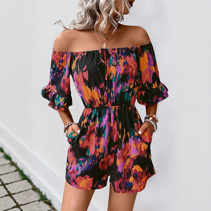 Ladies off-shoulder floral pattern combi-shorts Chic and Style