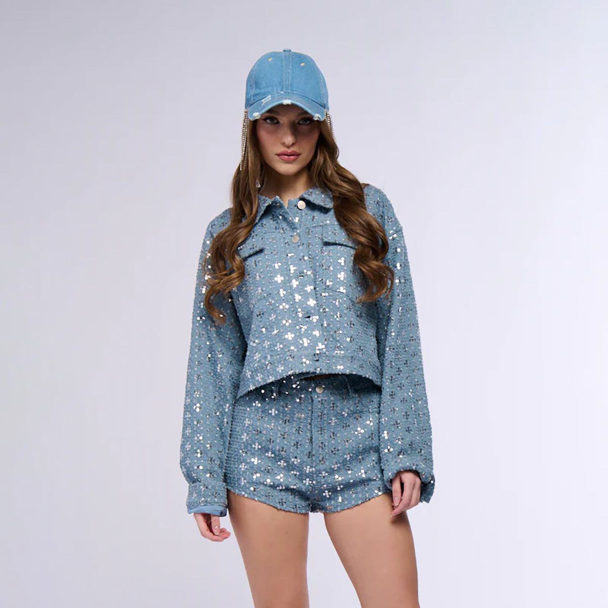 Cropped denim jacket for women with sparkling star pattern and matching shorts Chic and Style