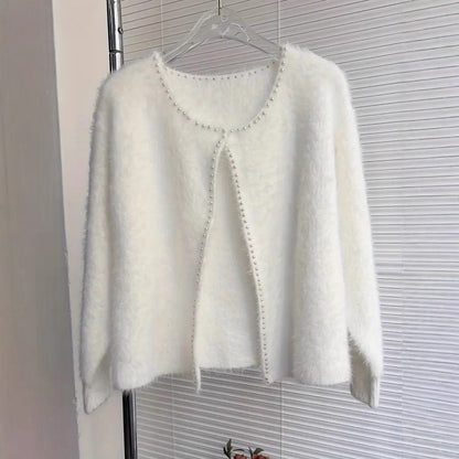 Dames cardigan en peluche avec boutons en perles et coupe décontractée Chic und Stil
