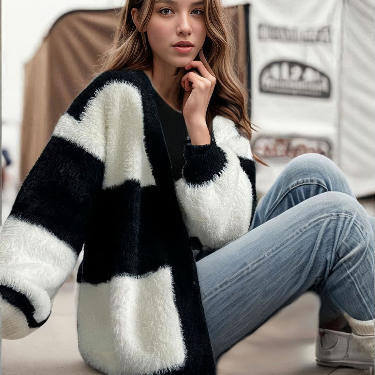 Dames Gros Tricot Cardigan avec motif rayé à la mode Chic und Stil