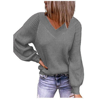 Pull en tricot pour femmes avec décolleté en V et manches bouffantes Chic und Stil
