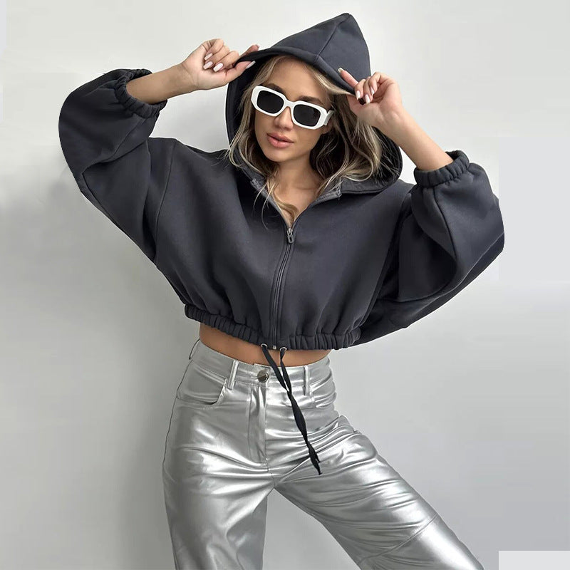 Dames hoodie court zippé avec taille ajustable Chic und Stil