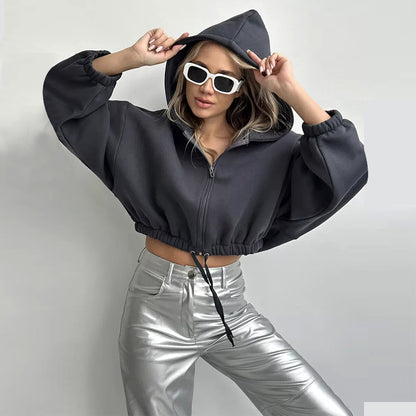 Dames hoodie court zippé avec taille ajustable Chic und Stil