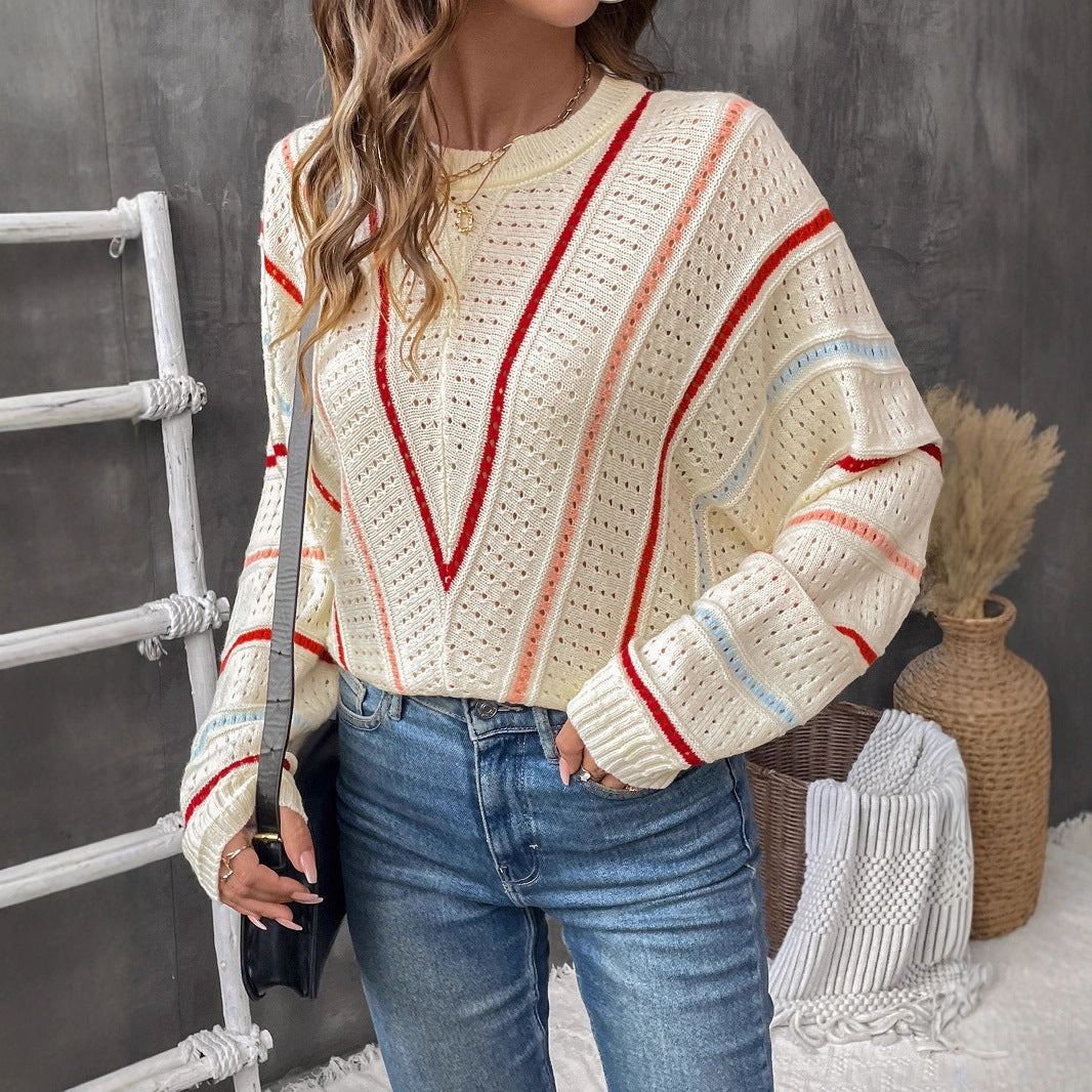 Pull en tricot pour femmes avec un modèle de trou moderne et des rayures décoratives Chic und Stil