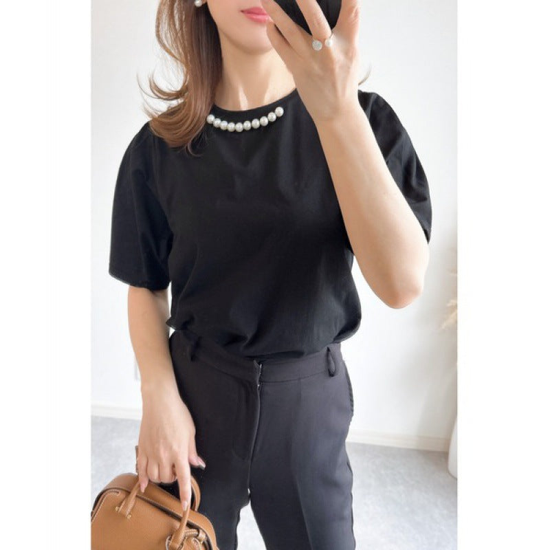 Dames Élégant haut à manches courtes avec accents de perles Chic und Stil