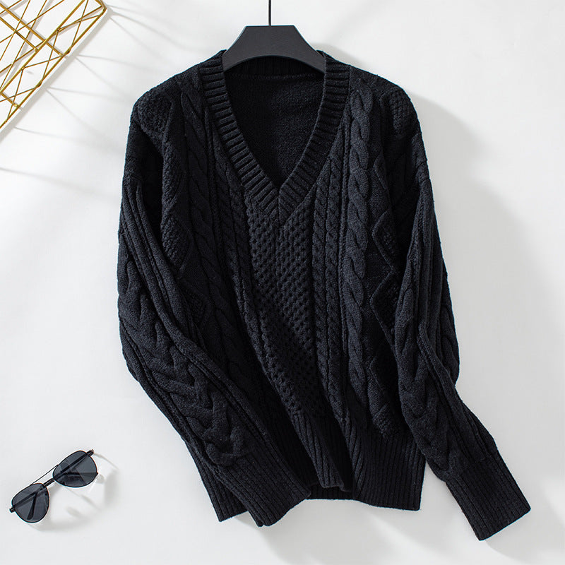 Pull en tricot féminin à décolleté en V profond et motif en torsades Chic und Stil
