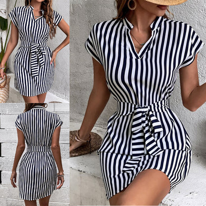 Women's Short Sleeve Shirt Dress with Tie Belt and Elegant Chic and Style Stripe