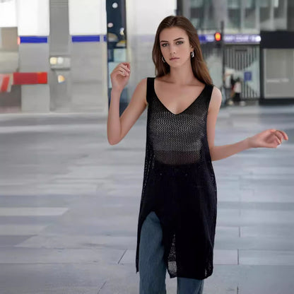 Robe en tricot aérien pour femmes avec fentes latérales et décolleté en V moderne Chic und Stil