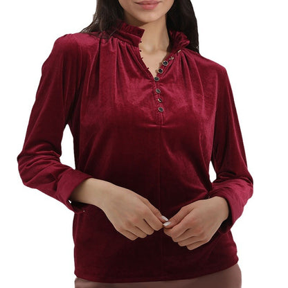 Dames Haut en velours élégant avec col froncé et détails de boutons Chic und Stil