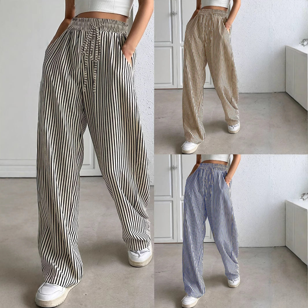 Wide striped pants for ladies with elastic waistband and pockets Chic and Style