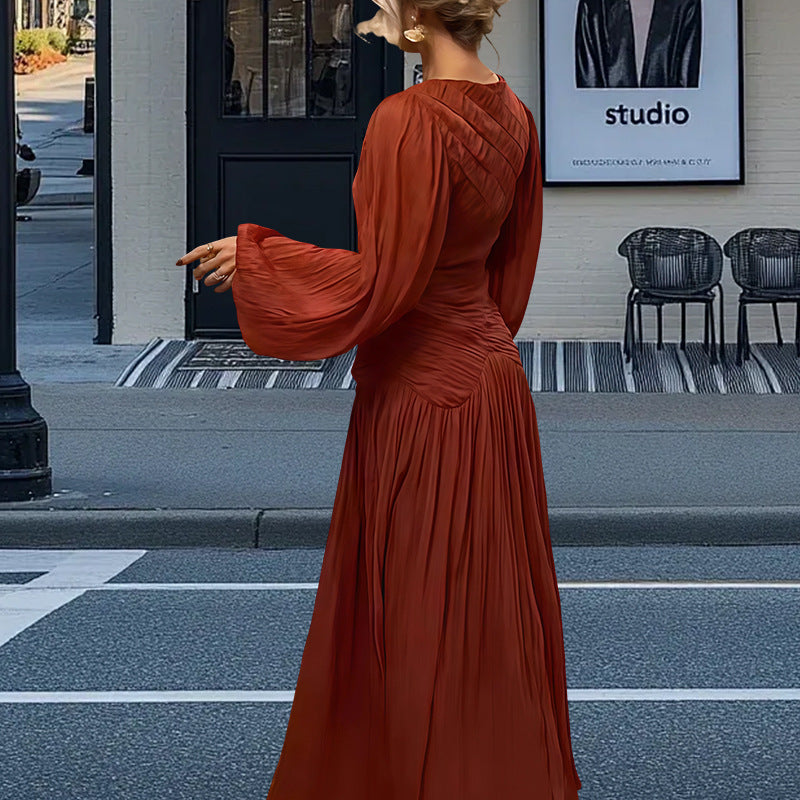 Dames Élégante Robe Maxi Plissée avec Ruches et Manches Longues Chic und Stil