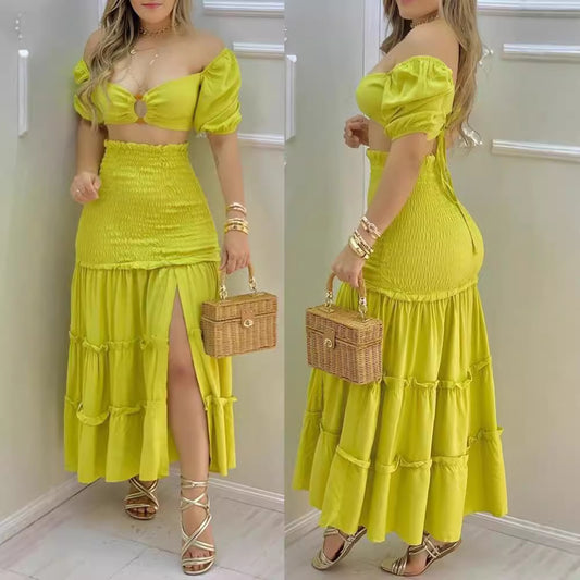 Dames deux pièces avec des détails froncés et une haute fente Chic und Stil