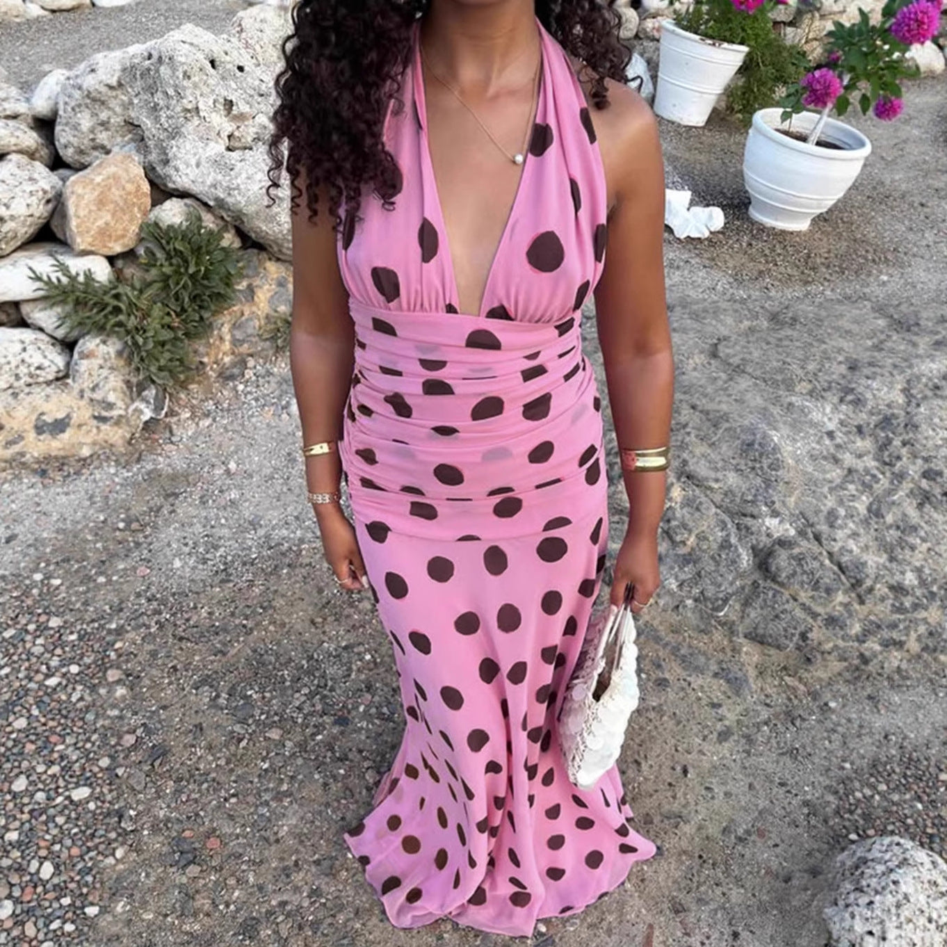 Femme Robe maxi élégante à pois et décolleté en V profond Chic und Stil