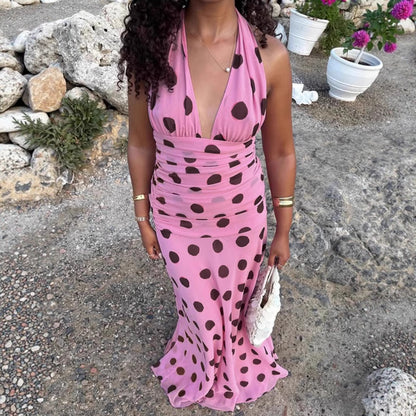 Femme Robe maxi élégante à pois et décolleté en V profond Chic und Stil