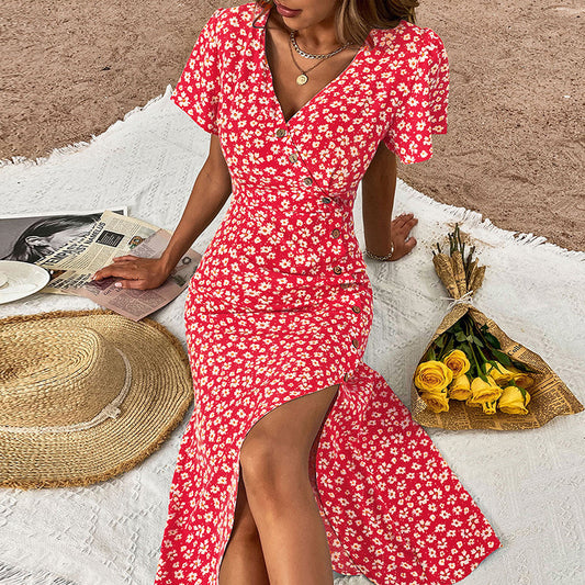 Robe maxi à boutons florale pour femmes avec haut fente Chic und Stil