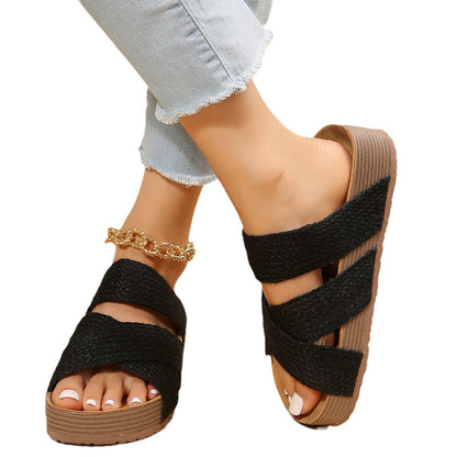 Ladies Comfortable Wedge Slippers with Elegant Woven Elements Chic and Style