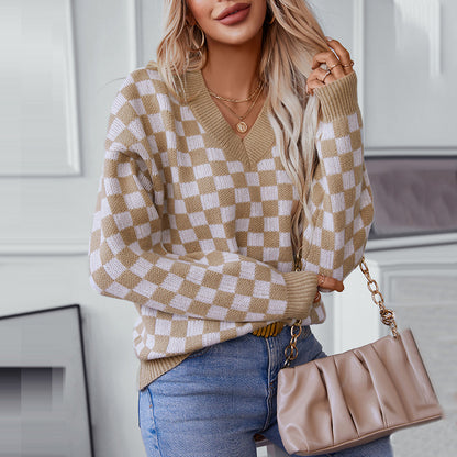 Pull femme décontracté à col en V avec motif à carreaux et coupe ample Chic und Stil