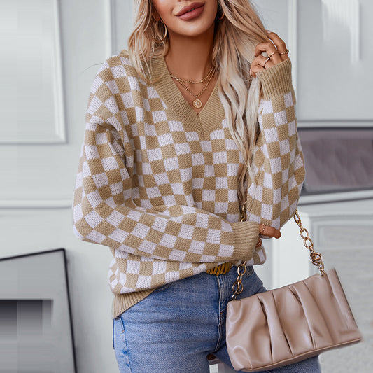 Pull femme décontracté à col en V avec motif à carreaux et coupe ample Chic und Stil