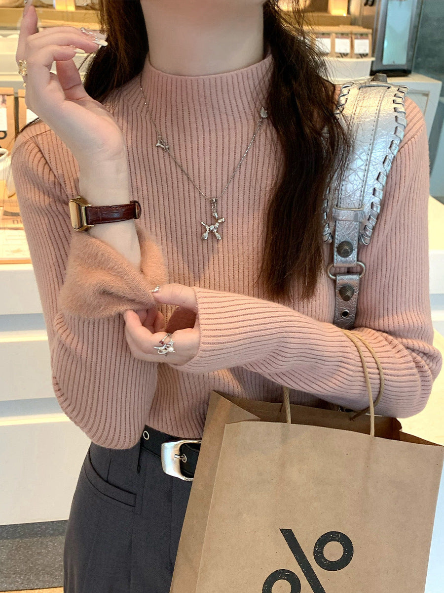 Dames Pull à côtes élégant avec col haut Chic und Stil