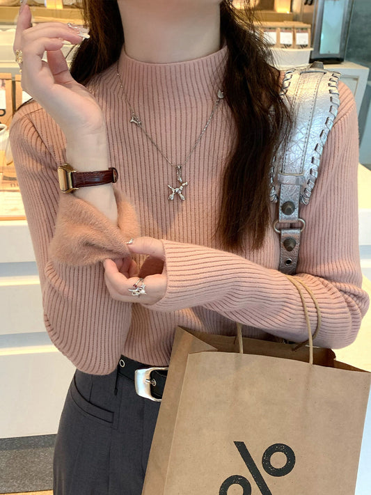 Dames Pull à côtes élégant avec col haut Chic und Stil